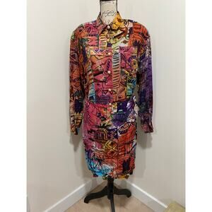Vintage Eclectic Maximalist Beaded 90s Long Sleeve Button Up Midi Dress size 12
